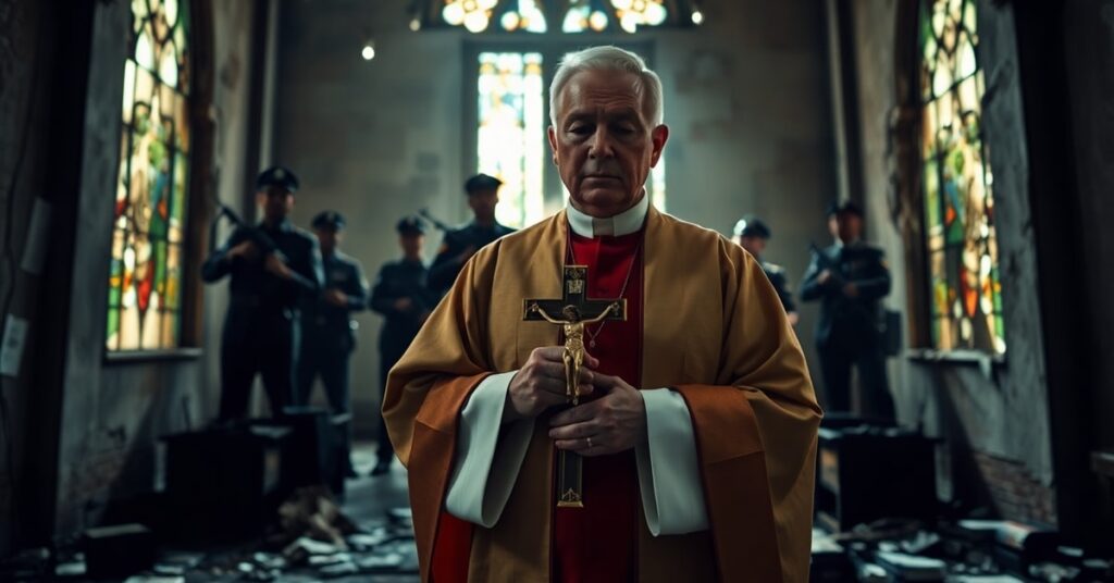 Książęca postać księdza stojącego w zniszczonym kościele w Nikaragui z krzyżem przed potem dyktatury Ortegi-Murillo