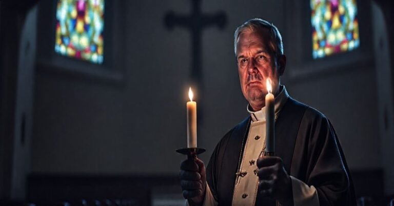 Tradycyjny ksiądz w szatach liturgicznych trzymający świecę w ciemnym kościele, symbolizujący walkę z kulturą śmierci i zdradą życia przez rzekomych hierarchów Kościoła.