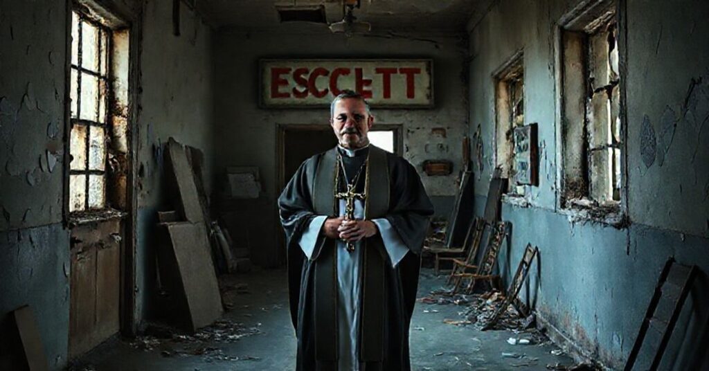 Tradycyjny ksiądz w ornacie stoi przed być może profanowanym miejscem dawnej agencji towarzyskiej, symbolizując walkę o czystość sakralną przestrzeni.