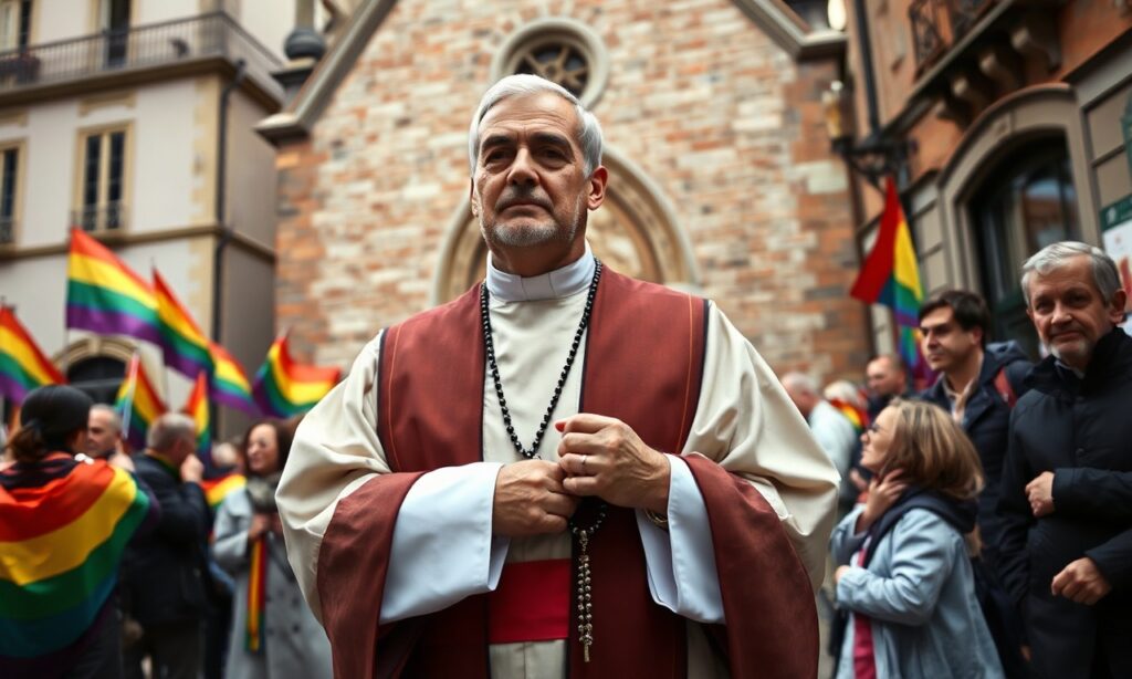 Tradycyjny katolicki ksiądz w ornatycha stojący przed kościołem z różańcem w ręku, na tle ludności z flagami tęczy.