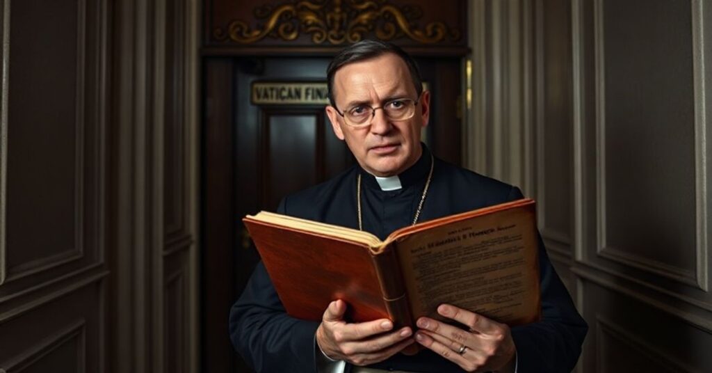 Ksiądz w tradycyjnym ornatem stoi z troską przed zamkniętymi drzwiami Watykanu, trzymając stary kodeks kanoniczny.