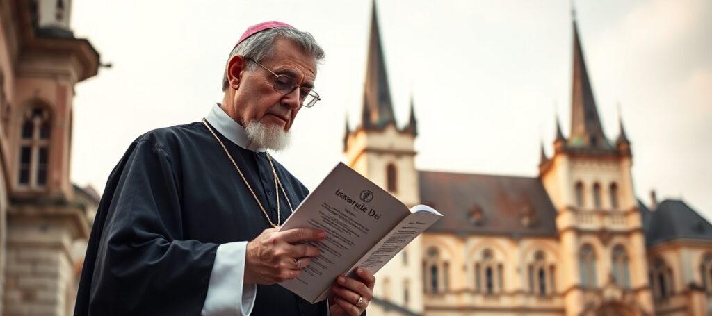 Tradycyjny katolicki ksiądz stoi przed Wawelem w Krakowie, trzymając encyklikę „Immortale Dei”, rozważając moralne implikacje polityki