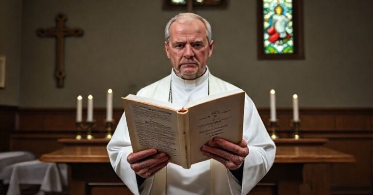Ksiądz w sutannie przed amboną z książką "Rafa - Bóg, który uzdrawia dziś", na tle ołtarza z krzyżem i witrażem przedstawiającym Serce Jezusa
