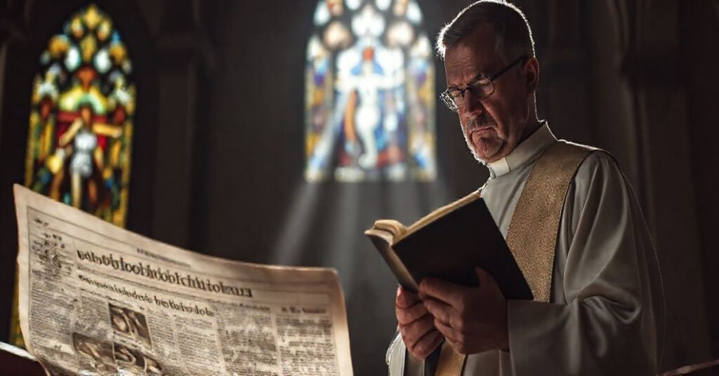 Ksiądz w tradycyjnych szatach kościelnych trzyma Biblię przed witrażem przedstawiającym ukrzyżowanie. Na gazecie w tle widnieje nagłówek o aborcji w USA.
