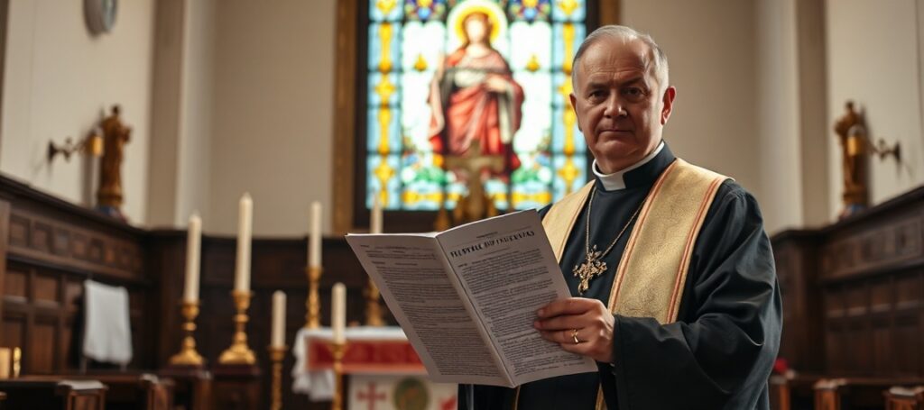 Obraz przedstawiający tradycyjny wnętrze kościoła katolickiego z księdzem w pełnym stroju liturgicznym trzymającym artykuł z Portalu Opoki. Na tle witraż przedstawiający Chrystusa Króla.