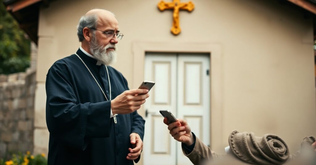 Stary ksiądz w sutannie wskazuje drogę do zbawienia niepewnemu mężczyźnie trzymającemu smartphone