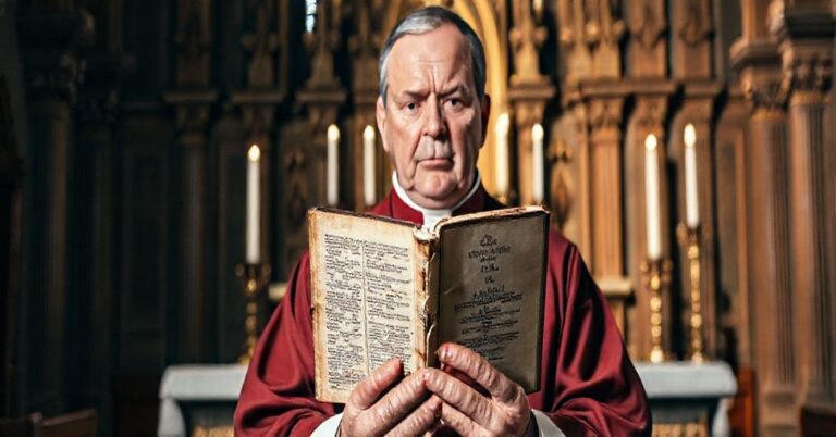 Ksiądz w tradycyjnym stroju liturgicznym stoi przed ołtarzem, trzymając Biblię Ekumeniczną, wyrażając zaniepokojenie wobec herezji ekumenizmu.