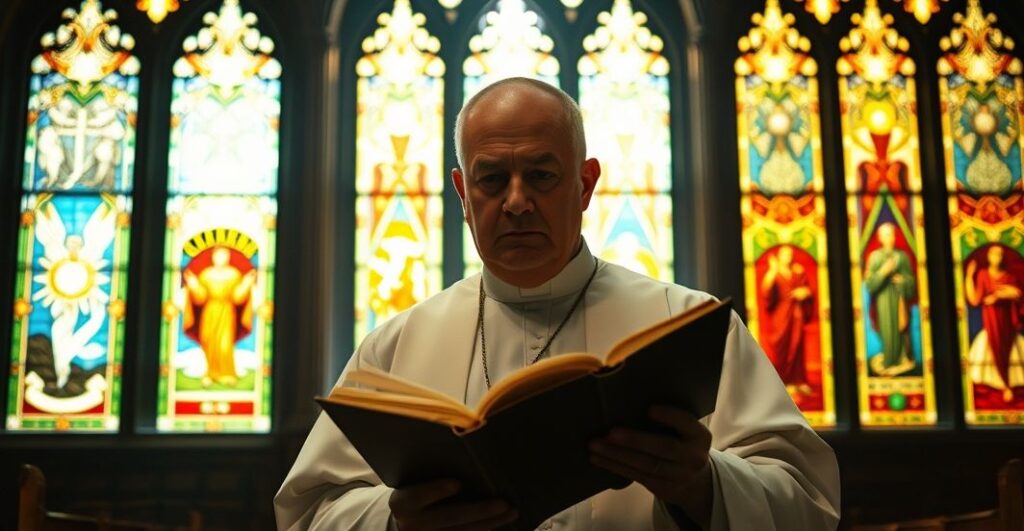 Ksiądz w tradycyjnych szatach liturgicznych trzymający Biblię w ciemnym kościele z witrażami przedstawiającymi piekło, czyśćcic i niebo.