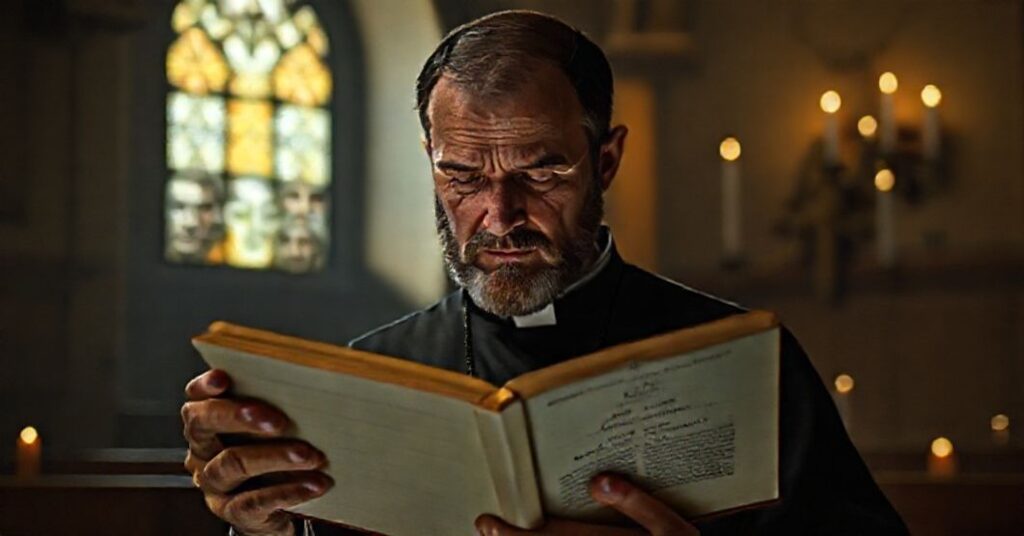 Tradycyjny ksiądz katolicki w ciemnej sakrystii z brewiarzem i komputerem pokazywanym AI; symbolizuje konflikt miêdzy prawdą boską a technologicznym oszustwem.