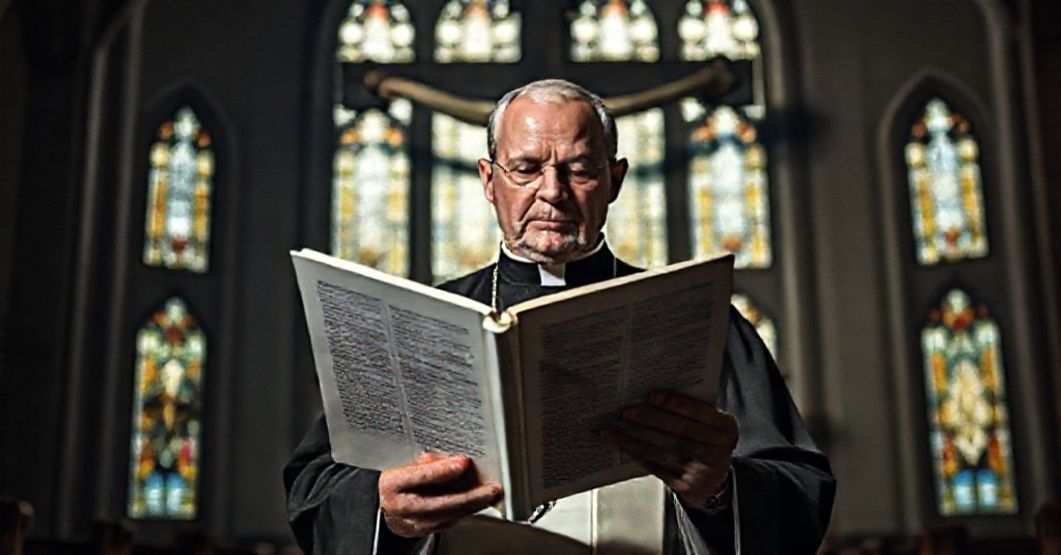 Ksiądz katolicki w tradycyjnym kościele trzyma dokument 'Dilexi te', wyraz twarzy pełen powagi.