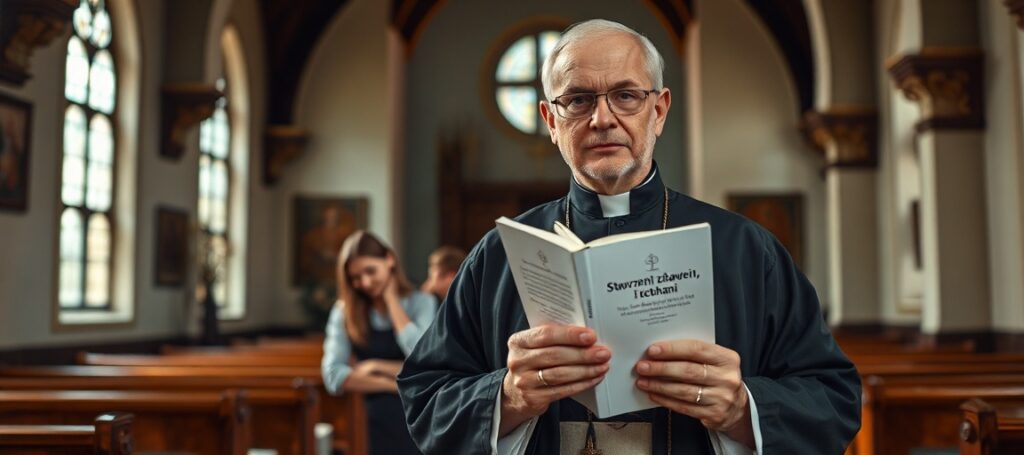 Ksiądz w tradycyjnym kościele trzyma dokument 'Stworzeni, zbawieni i kochani', stojąc obok młodego człowieka w kryzysie tożsamości płciowej.