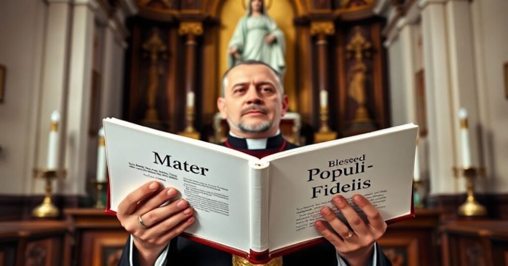 Poważny katolicki ksiądz trzyma dokument zatytułowany Mater Populi Fidelis z wyraźnym oburzonym wyrazem twarzy przed ołtarzem z rzeźbą Matki Boskiej.