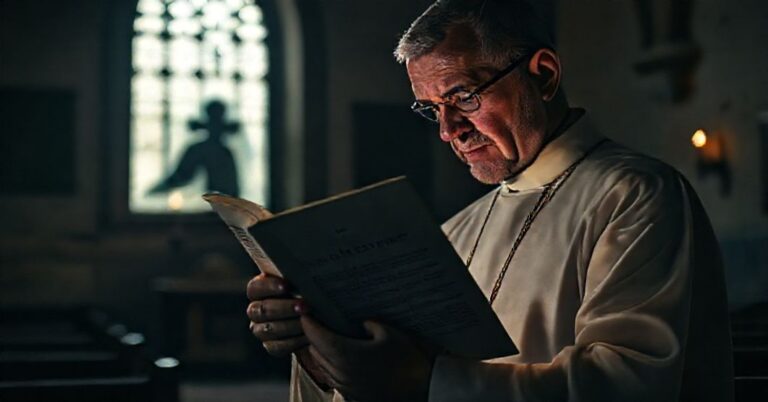 Prawosławny ksiądz trzyma dokument "Una Caro" w kościele przy słabym świetle świecy