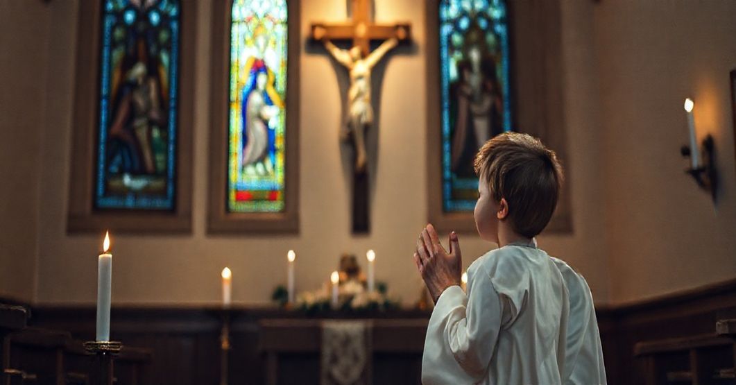 Ksiądz w tradycyjnym ornacie modli się przed krucyfiksem z dzieckiem obok, symbolizującym duchową opiekę i prawdziwą troskę o dzieci