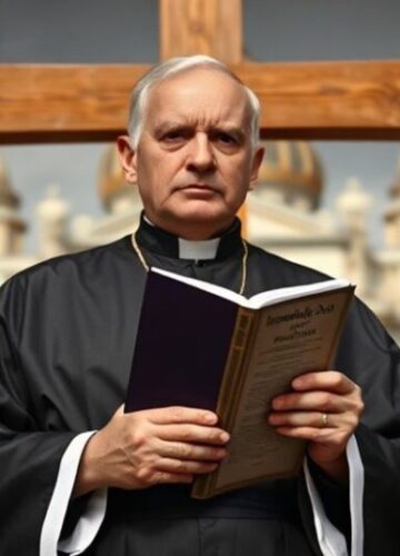 Obrona katolickiej nauki przed modernistycznymi herezjami Ksiądz w ornacie trzymający encyklikę "Immortale Dei", symbolizujący obronę katolickiej nauki przed nowoczesnymi herezjami