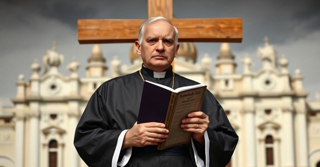 Ksiądz w ornacie trzymający encyklikę "Immortale Dei", symbolizujący obronę katolickiej nauki przed nowoczesnymi herezjami