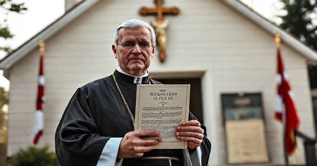 Ksiądz katolicki trzymający encyklikę "Immortale Dei" przed kościołem, symbolizujący powrót do chrześcijańskich zasad prawnych i społecznych.