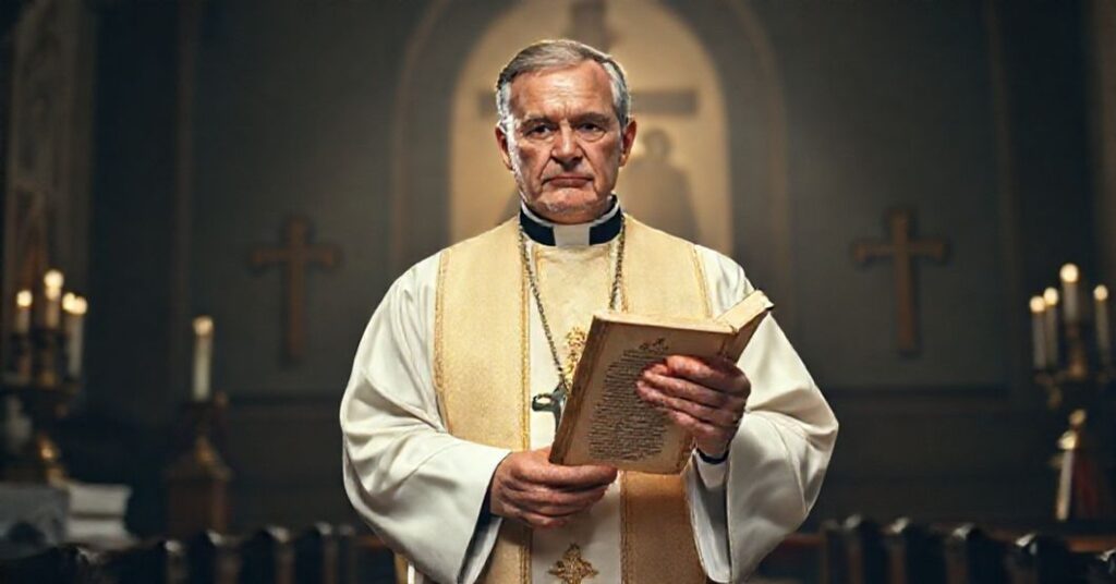 Ksiądz w stroju liturgicznym trzymający encyklikę Veritatis Splendor w ciemnym kościele symbolizującym walkę wiary z herezją