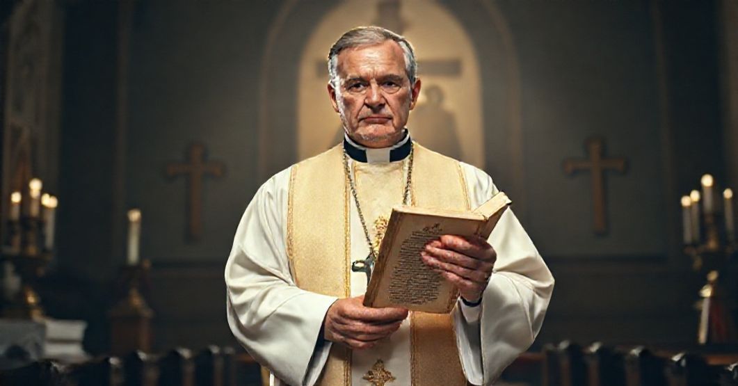 Ksiądz w stroju liturgicznym trzymający encyklikę Veritatis Splendor w ciemnym kościele symbolizującym walkę wiary z herezją