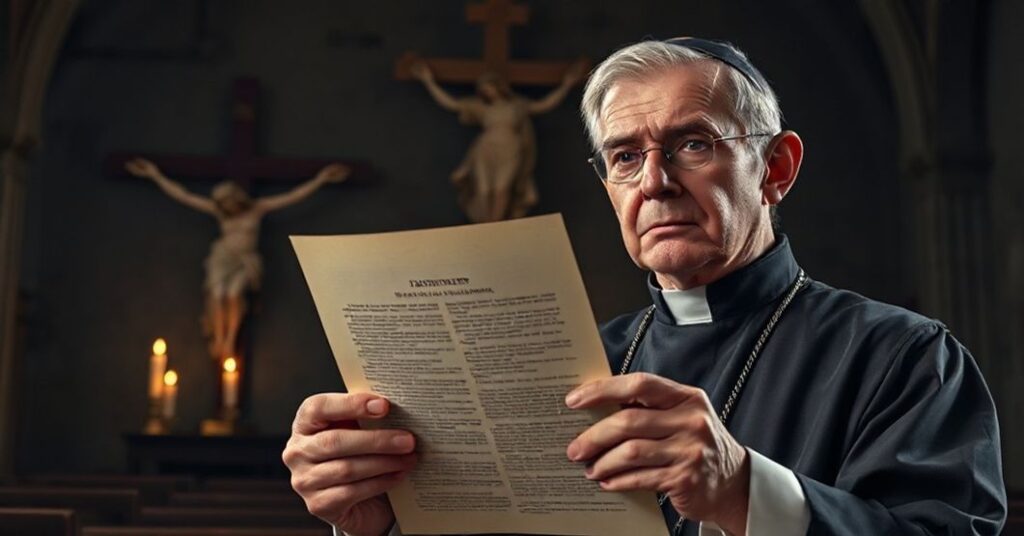 Tradycyjny ksiądz katolicki trzymający fałszywe dokumenty w cieniu kościoła, symbolizujący upadek moralny i oszustwa instytucjonalne