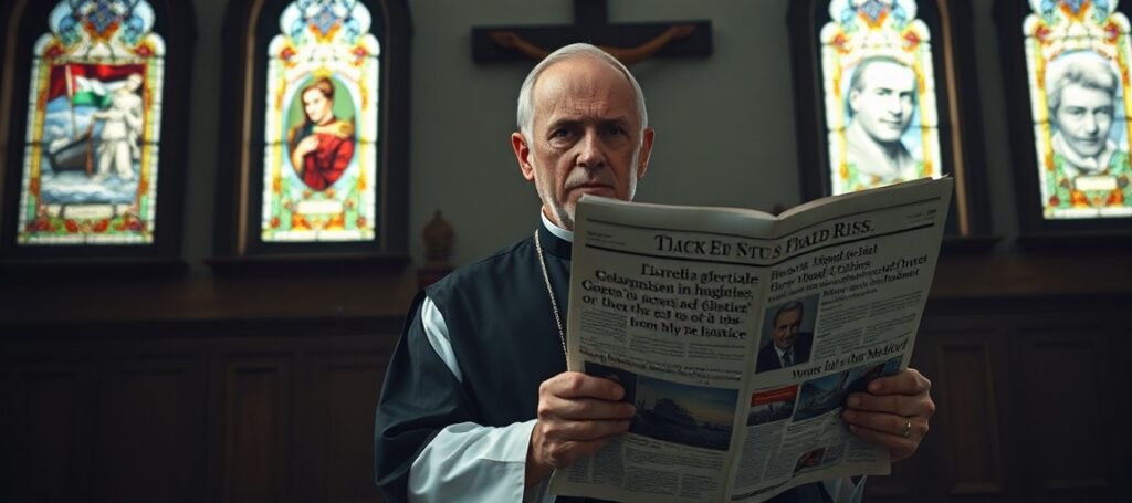 Ksiądz w tradycyjnym ornaty stoi przed krzyżem z gazetą o izraelskim ministrze i flotylli do Strefy Gazy