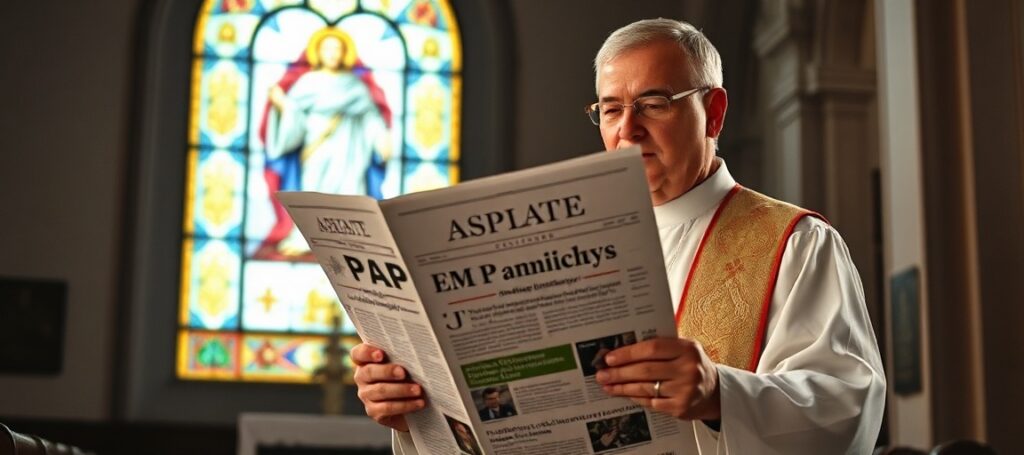 Ksiądz w tradycyjnych szatach liturgicznych trzyma gazetę z tytułem 'PAP uruchamia newsletter informacyjny' w kościele z witrażem przedstawiającym Chrystusa Króla