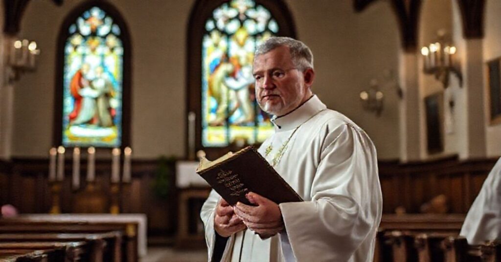 Ksiądz w biało-czarnych szatach trzyma kodeks prawa kanonicznego z 1917 roku w tradycyjnym kościele katolickim.