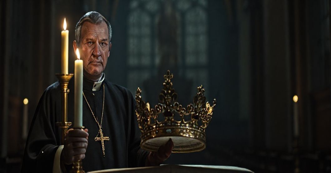 Ksiądz w ciemnej kościele trzymający skradziony koronkę z Luwru, symbolizujący upadek moralny i sekularyzację Europy