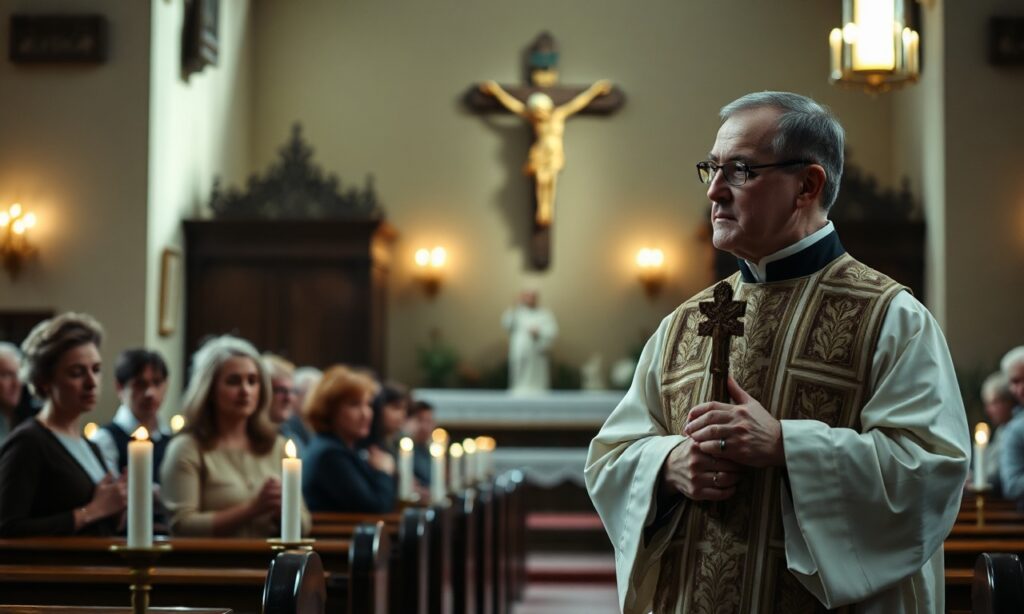 Wnętrze tradycyjnego kościoła katolickiego z księdzem stojącym przy ołtarzu z krzyżem w ręku i grupą katolików w ławkach