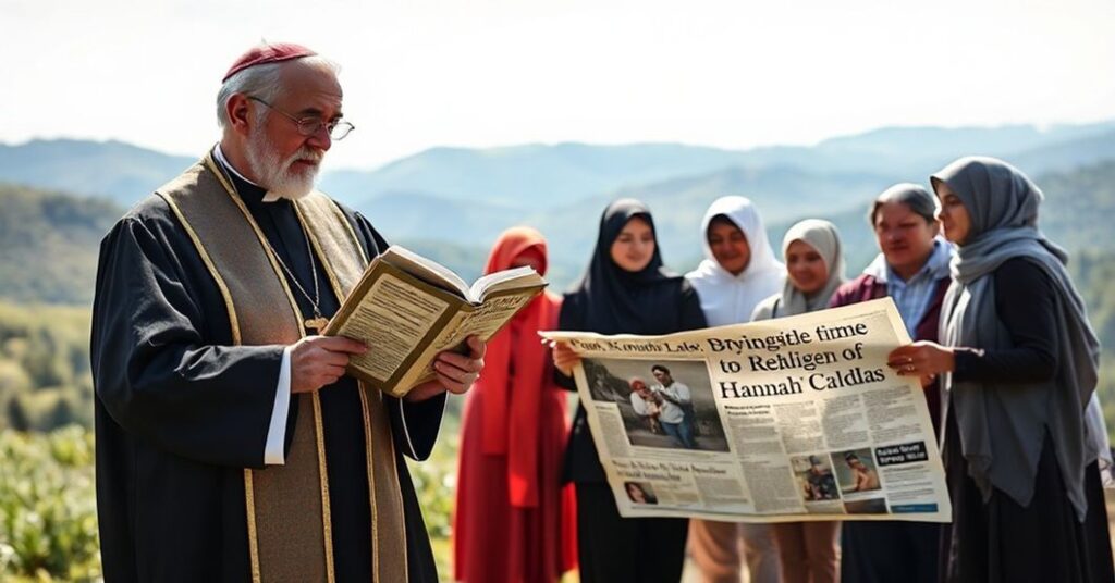 Ksiądz w tradycyjnych szatach kościelnych trzyma książkę „Casti Connubii” Papieża Piusa XI przed tłem rodziny katolickiej i sportowców oburzonych na wiadomość o dyskwalifikacji 'Hanny' Caldas.