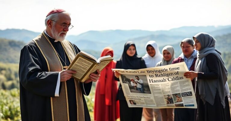 Ksiądz w tradycyjnych szatach kościelnych trzyma książkę „Casti Connubii” Papieża Piusa XI przed tłem rodziny katolickiej i sportowców oburzonych na wiadomość o dyskwalifikacji 'Hanny' Caldas.