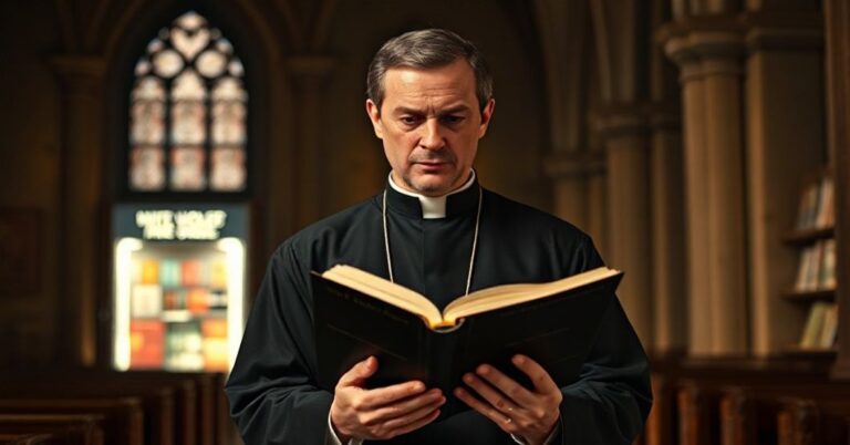 Prawosławny ksiądz w tradycyjnym ornacie trzyma książkę Virginii Woolf w ciemnym kościele.