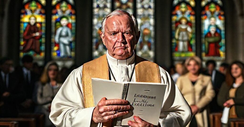 Książ w tradycyjnych szatach kościelnych trzyma książę Laborem Exercens w ciemnej kaplicy