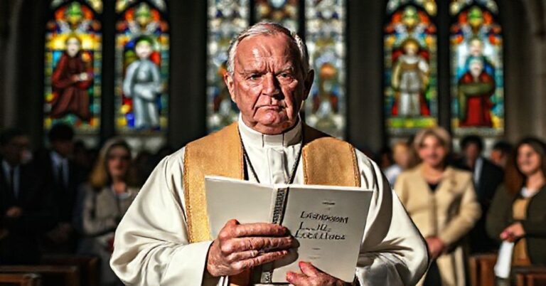 Książ w tradycyjnych szatach kościelnych trzyma książę Laborem Exercens w ciemnej kaplicy