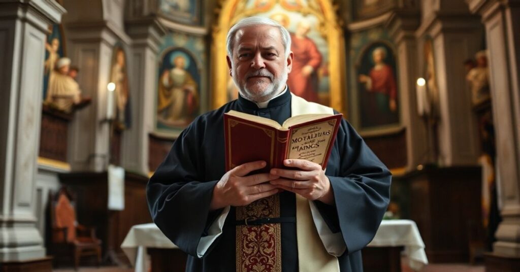 Tradycyjny ksiądz katolicki trzyma encyklikę 'Mortalium Animos' w starym kościele