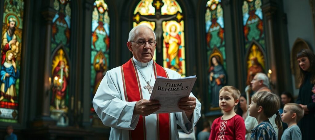 Ksiądz w tradycyjnych szatach kościelnych trzyma raport Them Before Us przed grupą rodziców i dzieci w kościele, z witrażami przedstawiającymi Świętą Rodzinę.