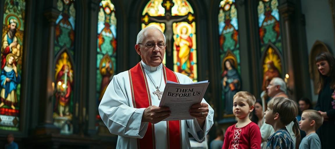 Ochrona dzieci przed ideologią gender - raport Them Before Us Ksiądz w tradycyjnych szatach kościelnych trzyma raport Them Before Us przed grupą rodziców i dzieci w kościele, z witrażami przedstawiającymi Świętą Rodzinę.