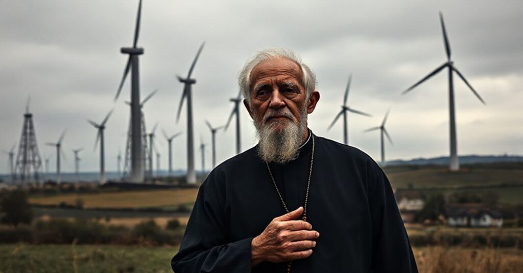 Stary ksiądz z różańcem stoi przed farmami wiatrowymi, Patrzy z troską na przemysłową deformację krajobrazu.