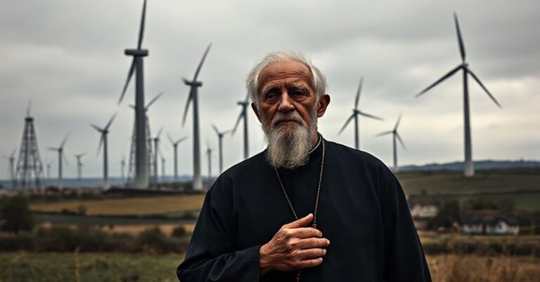 Stary ksiądz z różańcem stoi przed farmami wiatrowymi, Patrzy z troską na przemysłową deformację krajobrazu.