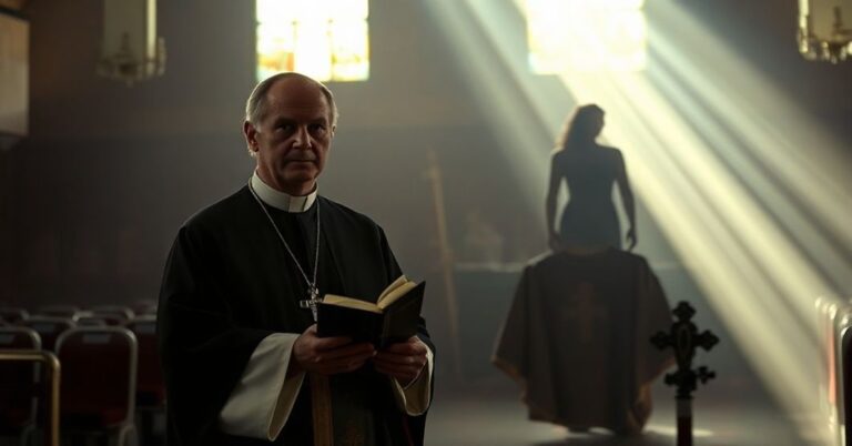 Ksiądz w tradycyjnych szatach kościelnych stoi w ciemnej kościele przed rzuconym strojem sportowym z widocznym cieniem Natalia Fryckowskiej na tle.