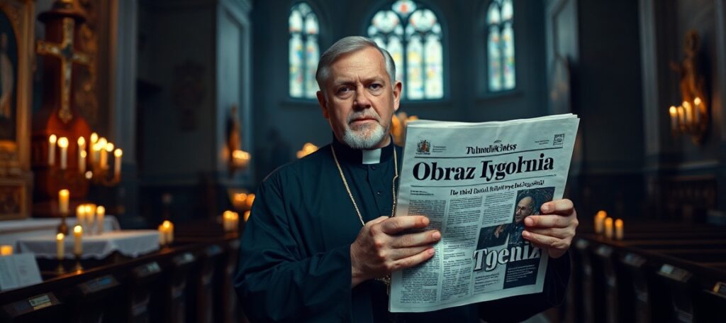 Ksiądz katolicki w kościele z gazetą "Tygodnik Powszechny" na tle świec i relikwii