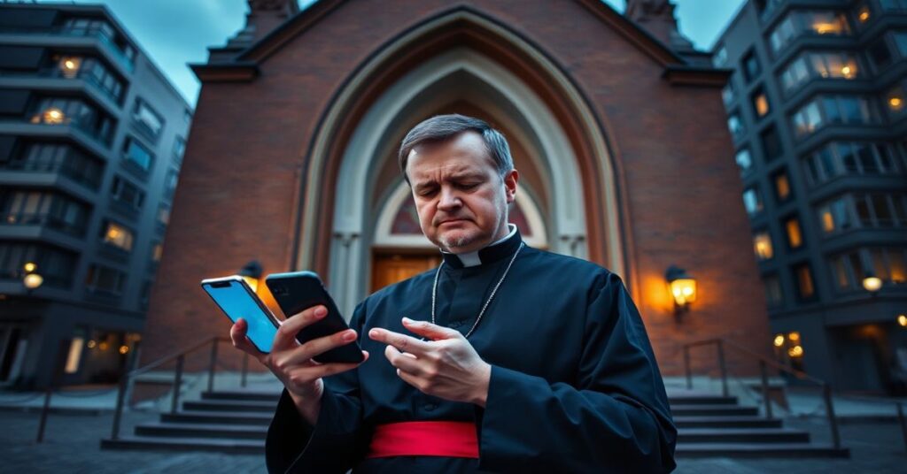 Tradycyjny ksiądz w sutannie stoi przed zamkniętym kościołem z telefonem w ręku, pokazującym aplikację Drogowskaz.