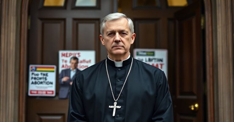 Ksiądz w tradycyjnym ornaty stoi przed zamkniętymi drzwiami kościoła, symbolizując tłumienie wolności religijnej. W tle Andy Beshear wygłasza przemówienie z hasłami promującymi aborcję i prawa LGBTQ+.