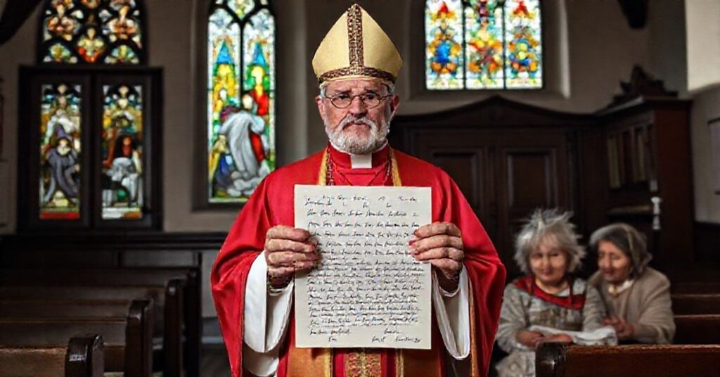 Ks. Jan Kowalski trzyma list protestacyjny przeciwko unijnym politykom przed kościołem parafialnym.