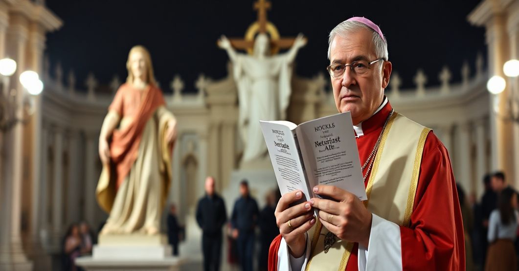 Ksiądz katolicki w tradycyjnych szatach stoi przed zneszkodanym pomnikiem Chrystusa Króla, z modernistycznymi symbolami ekumenizmu zaciemniającymi święty obraz. Ksiądz trzyma egzemplarz "Nostra Aetate" z wyrazem smutku na twarzy, podczas gdy na tle widoczna jest rozmyta zbiórka międzywyznaniowa na Placu św. Piotra. Oświetlenie jest ciemne i wyzwoliłe, podkreślające duchową zdradę królewstwa Chrystusa.