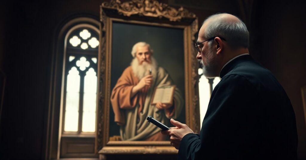 Ksiądz w stroju liturgicznym badający autentyczny obraz Caravaggia "Archimedes" w katolickim kontekście artystycznym