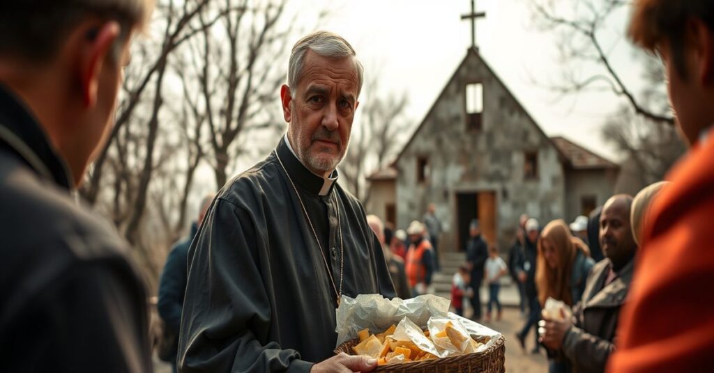Katolicki ksiądz w tradycyjnym sutannie rozdaje żywność w zniszczonym przez wojnę Chersoniu na Ukrainie.