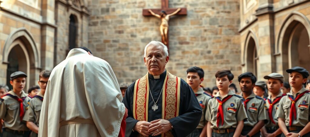 Tradycyjny ksiądz katolicki w pełnym stroju liturgicznym stoi przed grupą skautów w mundurach przed tłem starożytnej architektury europejskiej z widocznym krzyżem. Scena promieniuje świętością i powagą.