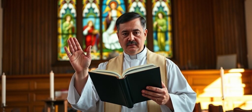 Katolicki ksiądz w tradycyjnych szatach liturgicznych przed ołtarzem trzymający Biblię i błogosławiący w czasie modlitwy za pokój i sprawiedliwość