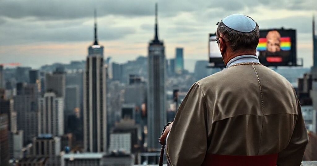 Ksiądz w tradycyjnym stroju liturgicznym stojący przed widokiem Nowego Jorku z tablicą reklamową promującą aborcję i ideologię LGBT.